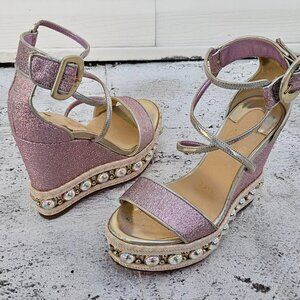 Christian Loubutin Women Heel Sandal Lilac/Gold Wedge Shoes Made Spain Size 34